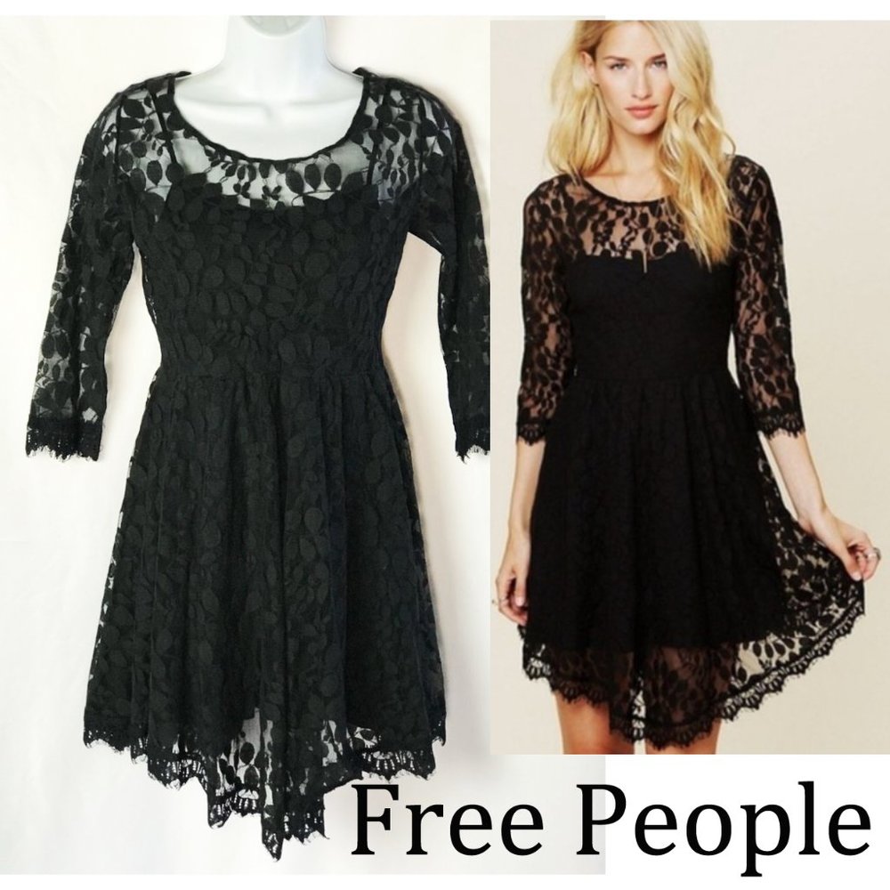 Free People Black Lace Mesh Floral Cocktail Dress Size 2